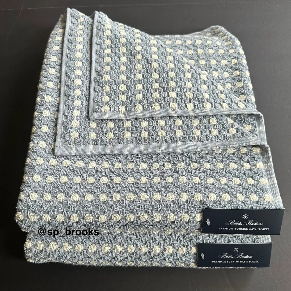 🎁2PC Brooks Brothers Premium Turkish Cotton Bath Towels -Waffle Blue & Ivory